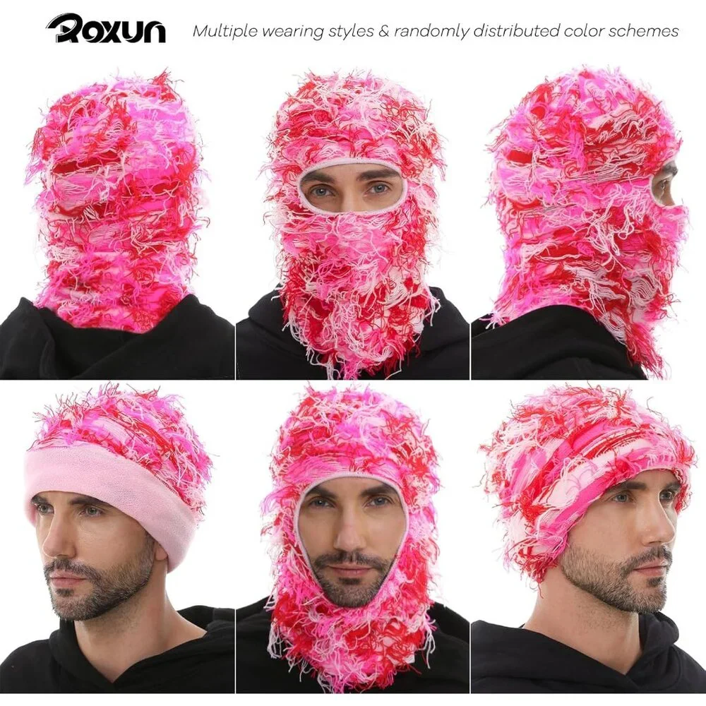 Distressed Ski Mask Balaclava Pink Mixed Acrylic Fuzzy Face Mask for Men Women